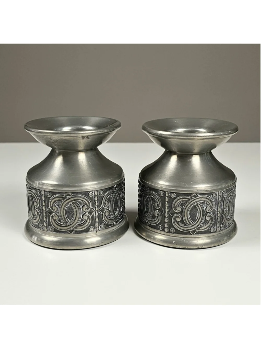 1960s Norway Brutalist Pewter Candle Holders Pair Groenlandica Tinn Nordic Art